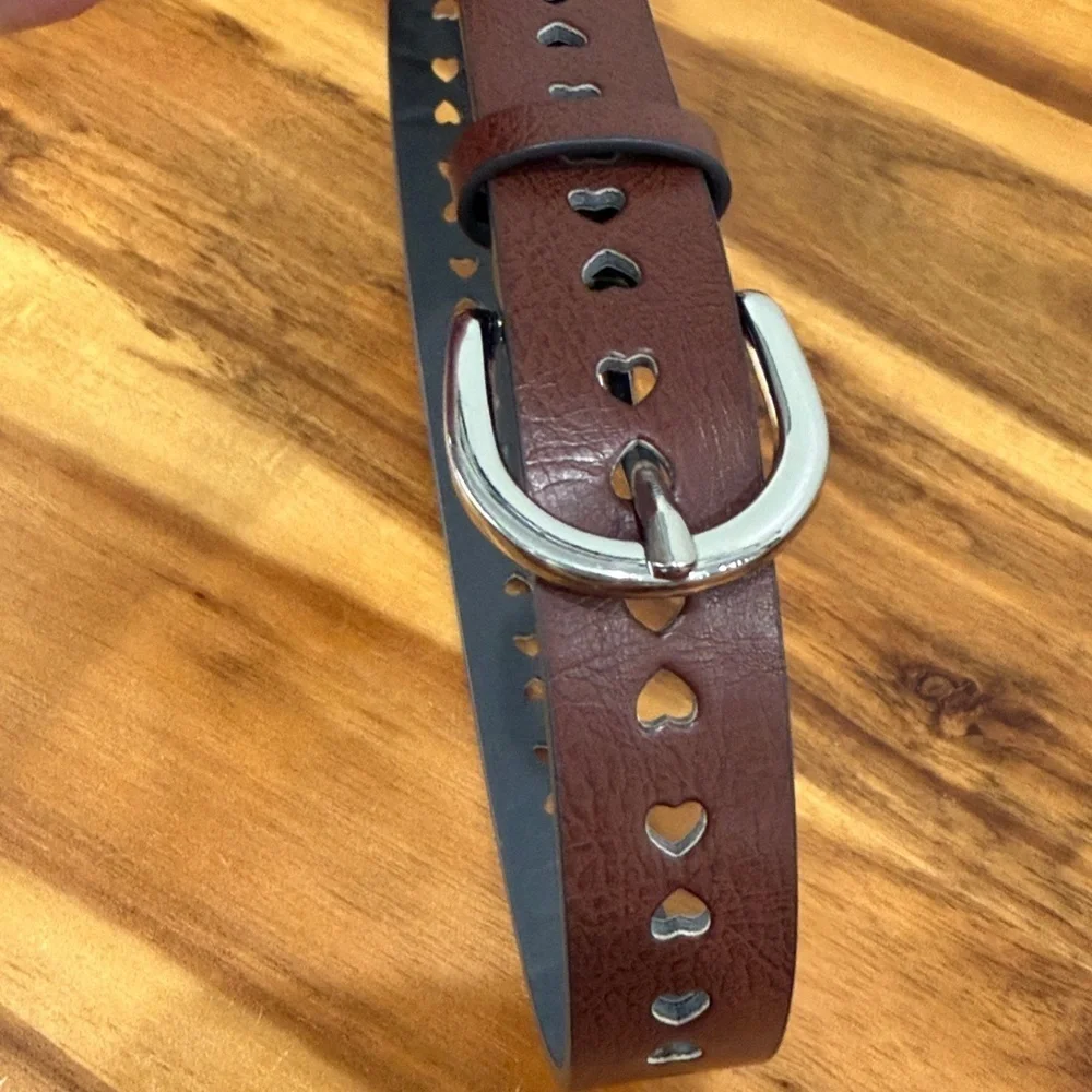 Brown Vegan Leather Belt with Heart Shaped Cutouts and Silver Buckle